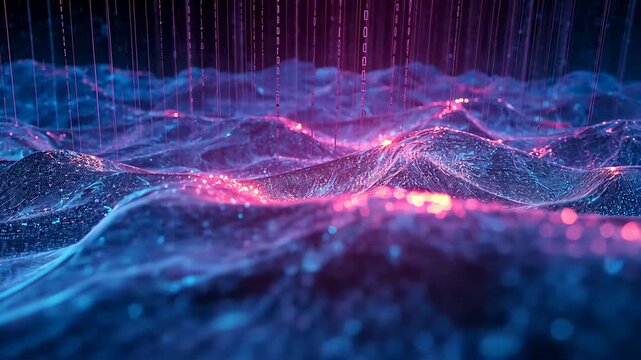 Pulsing mesh grid receiving binary streams in virtual data plane, clustering glowing particles - Powered by Adobe