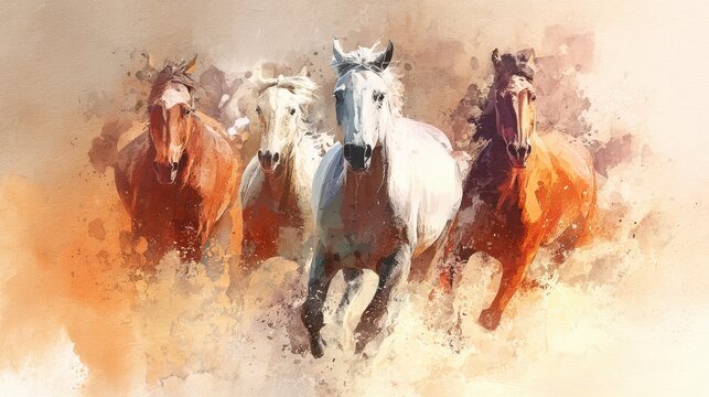 Horse Racing Flyer. Watercolor Painting of Fast Horses Running Across River Stream - Poster Design
