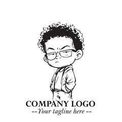 Black and White Chibi Boy Illustration with Jacket and Boots in Bold Thick Line Art Minimal Style
