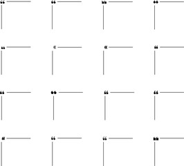 Quote box frame icon set. Monochrome simple horizontal frame. Quotes. Quotation marks. Comment, text box. Speech bubbles with quotation marks. Blank text message box for quotes. Blog post template.