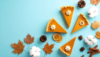 Festive Autumn Pumpkin Pie Slices with Seasonal Decorations.