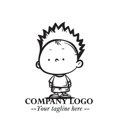 Black and White Chibi Boy Illustration with Jacket and Boots in Bold Thick Line Art Minimal Style
