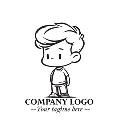 Black and White Chibi Boy Illustration with Jacket and Boots in Bold Thick Line Art Minimal Style
