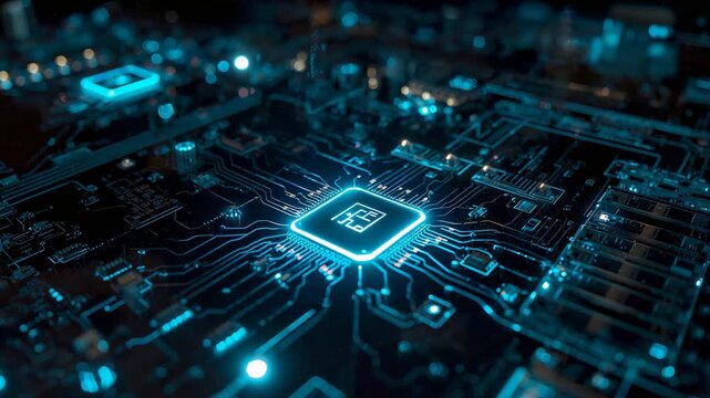 Central microchip receiving power pulsing neon-blue glow on motherboard, illuminating etched traces