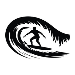 Silhouette of a surfer riding a large ocean wave