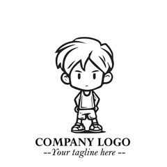 Black and White Chibi Boy Illustration with Jacket and Boots in Bold Thick Line Art Minimal Style
