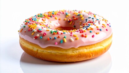 Single donut with light pink glaze and colorful sprinkles, placed on smooth white surface, glossy finish and soft texture, vibrant and appetizing presentation.