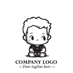 Black and White Chibi Boy Illustration with Jacket and Boots in Bold Thick Line Art Minimal Style
