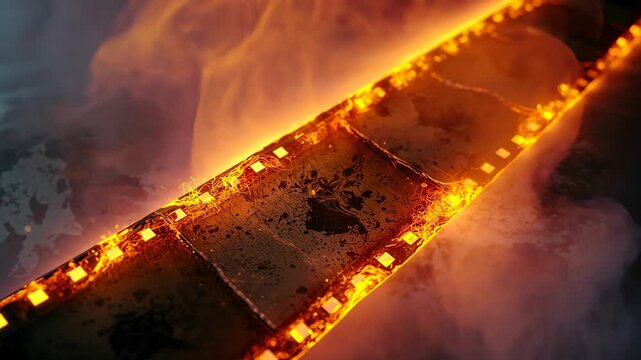 Igniting celluloid filmstrip floating in dark, edges glowing, embers flickering, smoke billowing