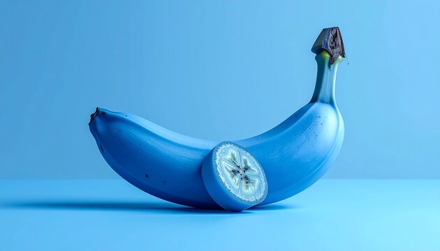 Two bananas with surreal blue exterior, one whole and one sliced to reveal natural pale yellow interior, arranged on matching blue surface, contrasting and artistic composition.