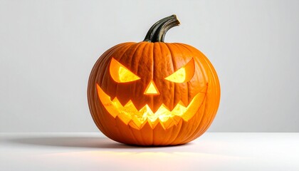 Carved Halloween pumpkin with glowing interior and flame emerging from top, menacing face featuring sharp eyes, triangular nose, and jagged-tooth mouth, set against dark backdrop.
