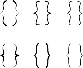 Curly braces, double symmetric brackets. Typography symbols pair, frames for punctuation, maths, elements sign for text quote, mathematics.