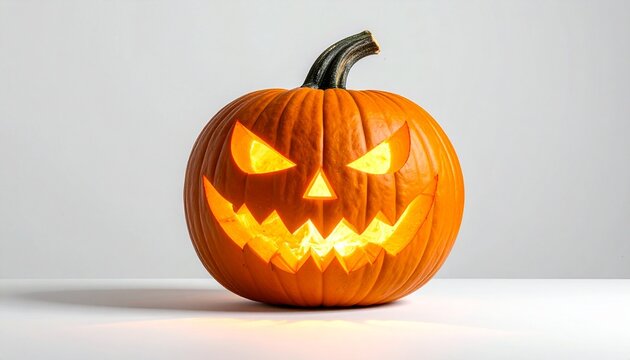 Carved Halloween pumpkin with glowing interior and flame emerging from top, menacing face featuring sharp eyes, triangular nose, and jagged-tooth mouth, set against dark backdrop. - Powered by Adobe
