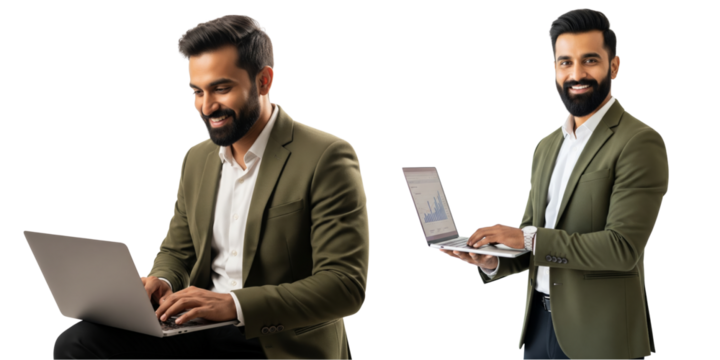 Two business men working on laptop isolated on white or transparent background - Powered by Adobe