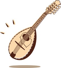 Vector illustration of a classic mandolin with wooden body and metal strings, isolated on white background. Traditional folk musical instrument, elegant and detailed design.