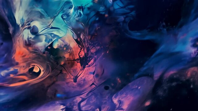 Introducing teal and magenta ink plumes creating intricate swirls in fluid tank, with merging colo