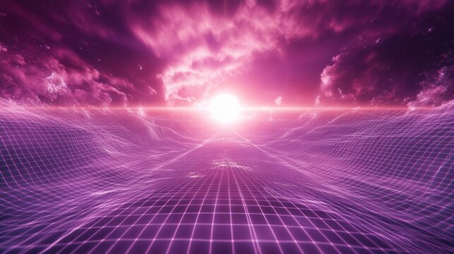 Retro sunset grid landscape, futuristic digital art