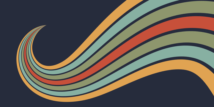 Retro rainbow line on dark background. Vintage groovy wavy perspective graphic for poster. Striped swirl color path. 70s abstract minimal design