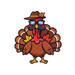 Hipster Thanksgiving Turkey Cartoon with Hat and Mustache – Transparent PNG for Festive Designs