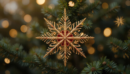 Golden Glitter Star Ornament On Christmas Tree Branches With Soft Bokeh Lights In Warm Holiday Glow.