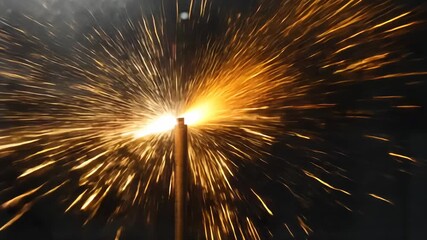 Igniting charge metal firework fountain emitting sparks outdoors at night, forming golden curtain - Powered by Adobe
