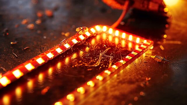 Entering soldering tip pressing onto LED strip on workbench, melting solder, repairing connection