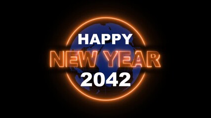 Animated Neon Happy New Year 2042 Text. Happy New Year 2042 - Festive Fireworks Background Greeting Card Banner. exploding, numbers, holidays, anniversary, countdown, happy new year, text, calendar