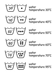 Vector laundry icon. Washing icons with temperature limits. Manual icons. Set of hand drawn vector laundry symbols
