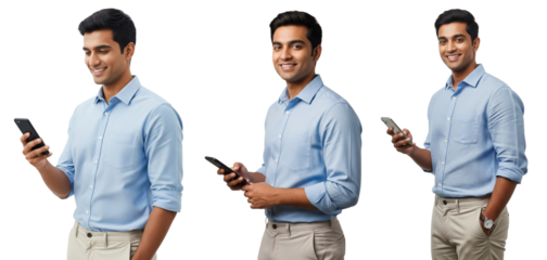 Diverse of young Indian men standing and holding smartphone isolated on white or transparent background