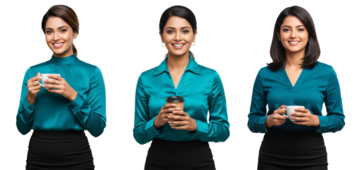 Diverse of Indian young business women standing confident holding coffee cup isolated on white or transparent background