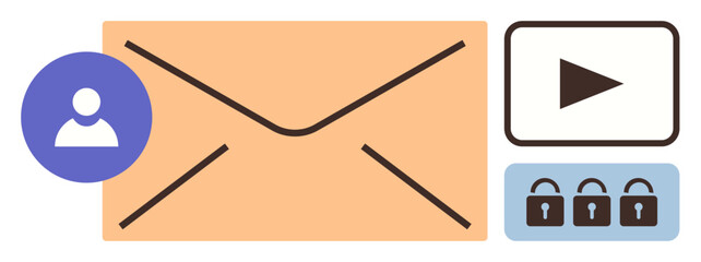 Large envelope symbolizing email with user avatar, video play button, and three padlocks. Ideal for security, privacy, multimedia, messaging, online safety encryption digital content. Simple flat