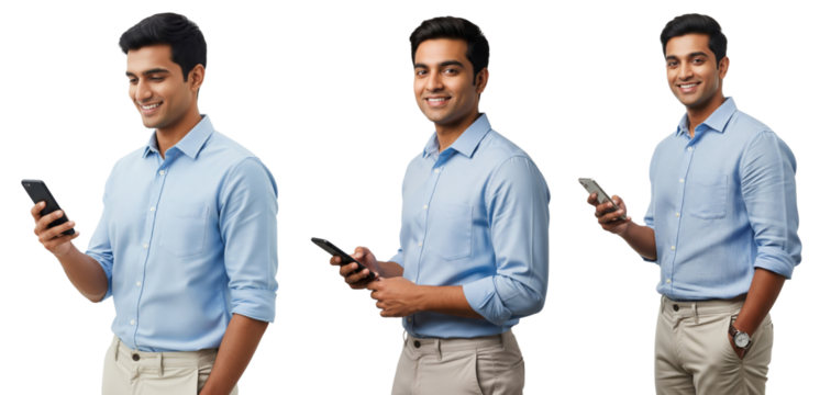 Diverse of young Indian men standing and holding smartphone isolated on white or transparent background