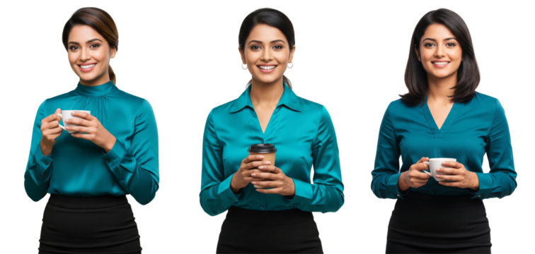Diverse of Indian young business women standing confident holding coffee cup isolated on white or transparent background