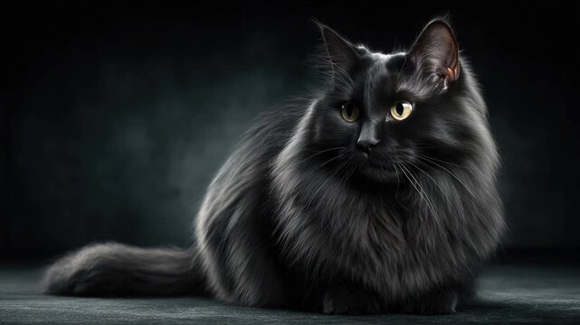 A regal, long-haired black cat with golden eyes rests elegantly against a dark, textured backdrop