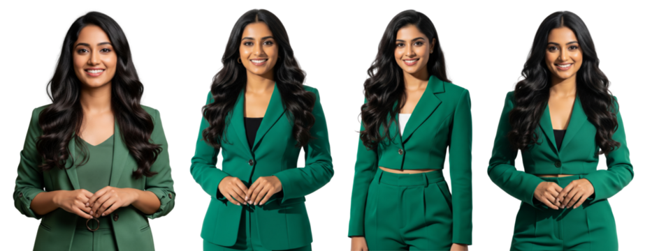 Diverse of Indian young business women standing confident in green blazer outfit isolated on white or transparent background
