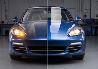 Blue car before and after polishing split view clean transformation. Concept of detailing, maintenance, and automotive restoration expressing satisfaction and contrast.