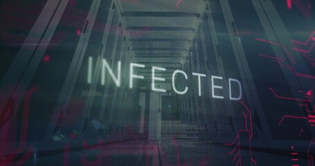 Glowing INFECTED text floating inside data center corridor, with server racks and glitch circuits