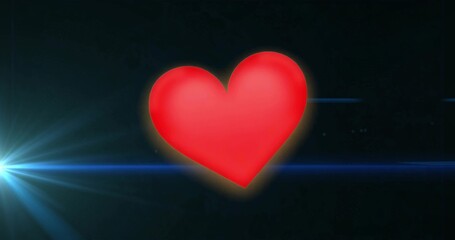 Red heart symbol glowing in dark background, with blue lens flare streaks and bright light flare
