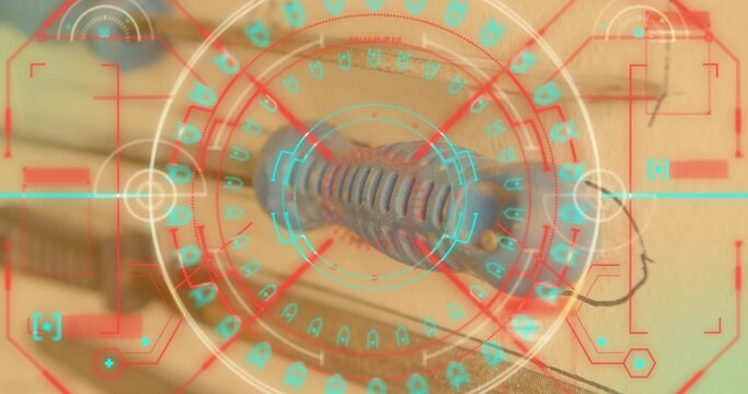 Showing coiled cable connector plugging into beige panel jack at equipment rack, with HUD overlay - Powered by Adobe