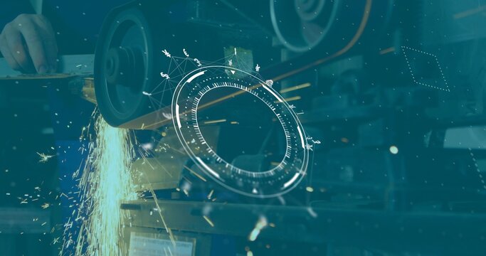 Grinding workpiece in shop wearing workwear against rotating bench grinder with digital overlay - Powered by Adobe