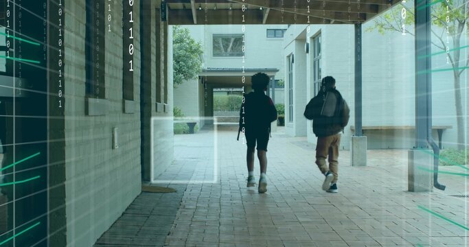 Walking two students with backpacks toward courtyard at school walkway, with binary code overlay