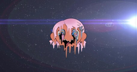 Suspending stylized pink blob dripping rainbow eye forms against deep-space backdrop, lens flare