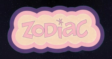 Displaying pastel cloud-shaped graphic floating in cosmic star field, with stylized ZODIAC text