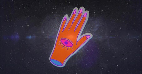 Floating orange glove with purple outline and pink tips in cosmic backdrop, featuring magenta eye