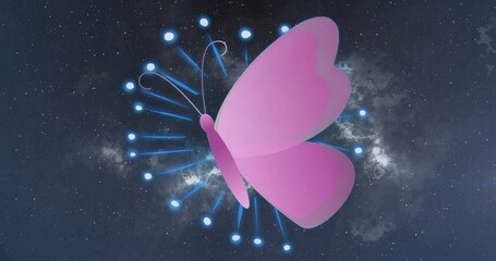 Fototapeta premium Hovering stylized pink butterfly graphic floating in outer space, with radial glowing blue nodes