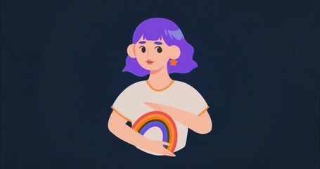 Purple-haired woman wearing t-shirt with orange trim, holding rainbow graphic against navy backdrop