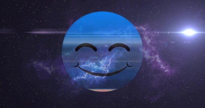 Naklejki Floating blue smiling emoticon sphere drifting through purple nebula with white star flare streaks