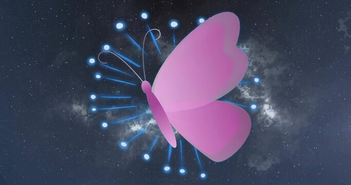 Naklejki Hovering stylized pink butterfly graphic floating in outer space, with radial glowing blue nodes