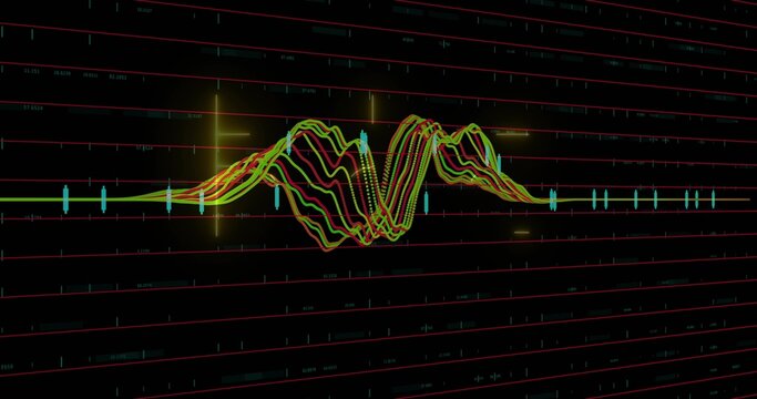 Displaying neon waveform lines pulsing on dashboard, with red grid lines, cyan bars, numeric labels - Powered by Adobe