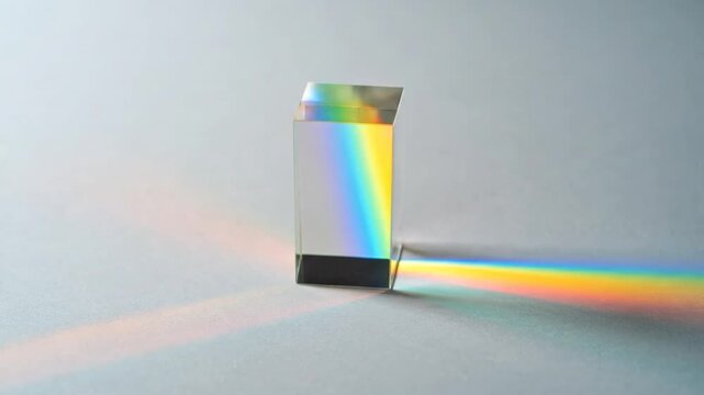 A clear, rectangular prism sits on a light gray surface, dispersing white light into a colorful spectrum